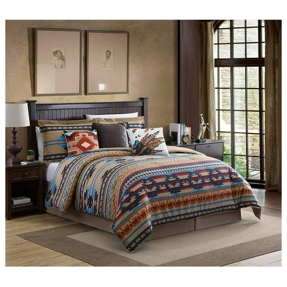 CodYinFI 7-Pieces Beige Brown Blue Red Geometric Tribal Comforter Bedding Sets, Queen