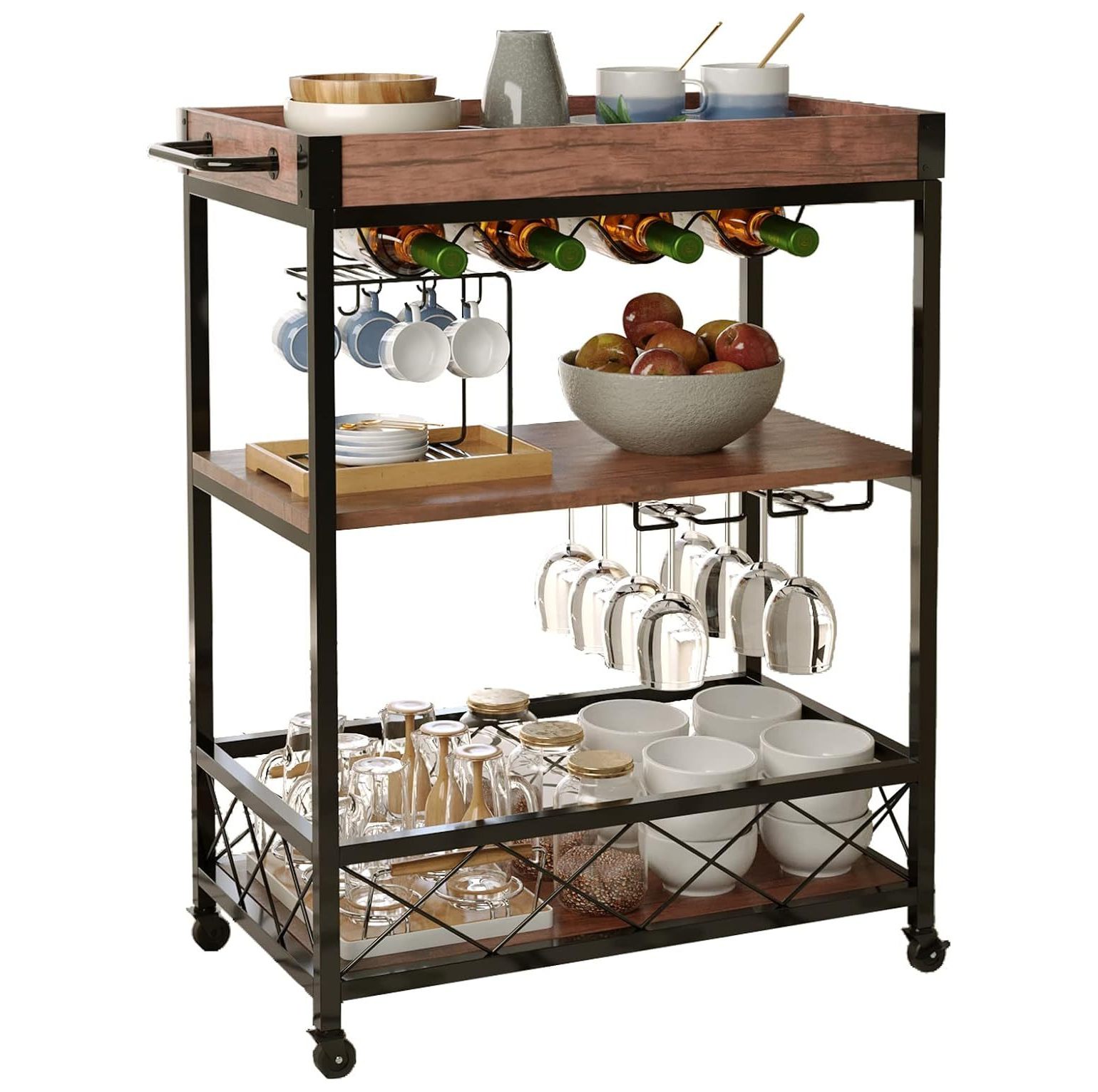 CodYinFI Bar Carts for Home, Rolling Bar Serving Cart with Wine Rack, Liquor Wine Cart with 3