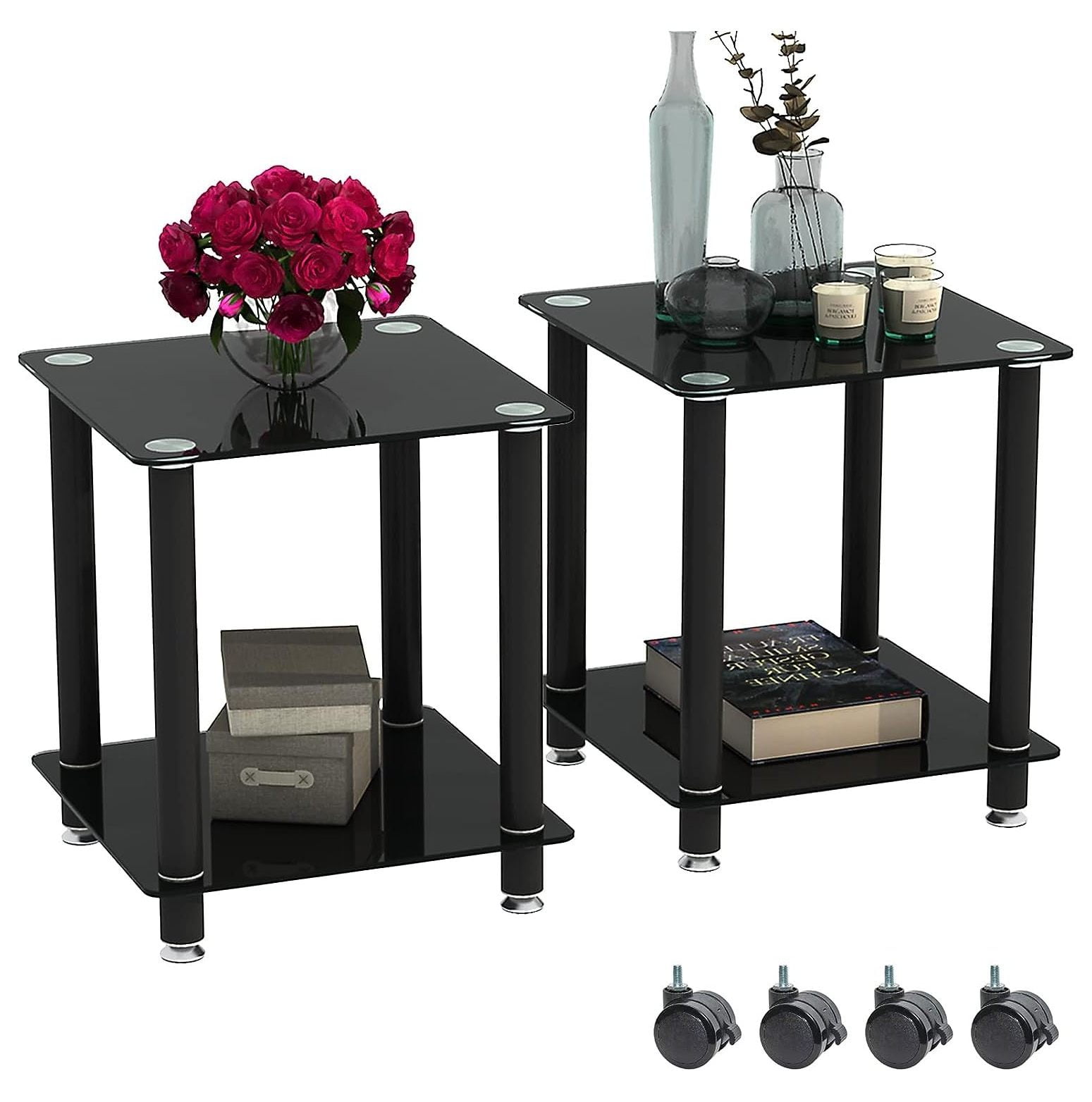 CodYinFI Black Glass End Tables Living Room Set of 2, Small Glass Table