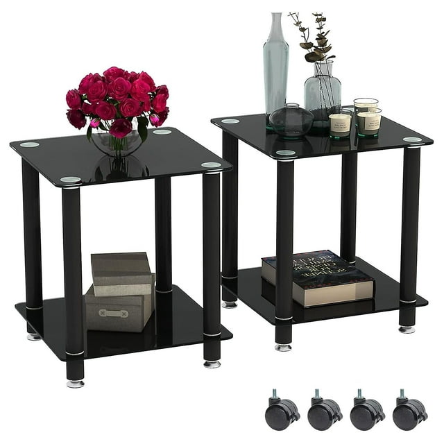 CodYinFI Black Glass End Tables Living Room Set of 2, Small Glass Table
