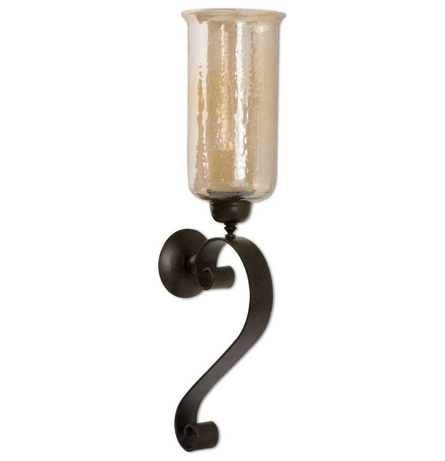 Antiqued Bronze Hand-Forged Iron and Amber Glass Candle Wall Sconce