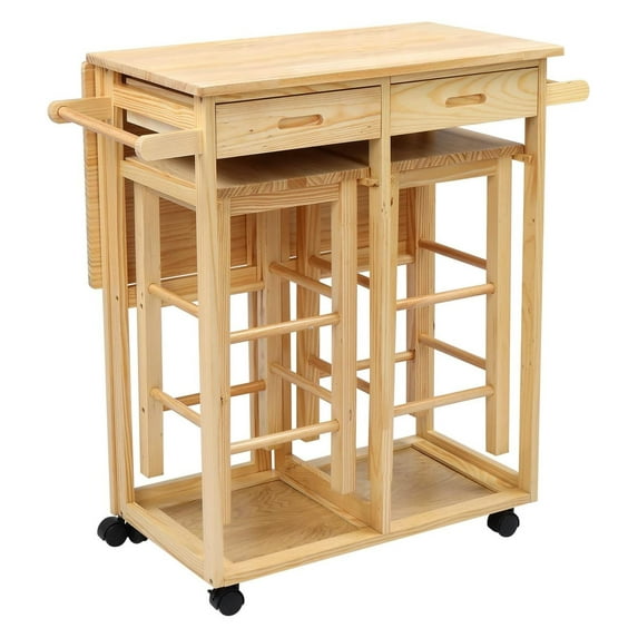 CodYinFI Drop Leaf Table with 2 Square Stools and 2 Drawers Solid Wood Kitchen Table and Chair Set Island Cart Trolly Breakfast Bar