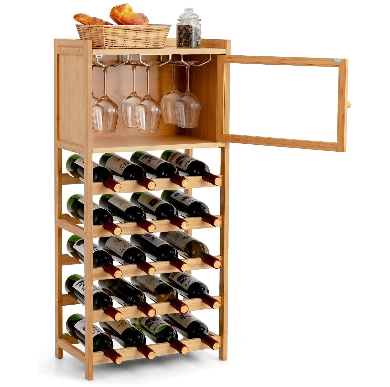CodYinFI Freestanding Wine Rack, 20-Bottle Wine Display Shelf w/ 100% Bamboo Material, Glass ...