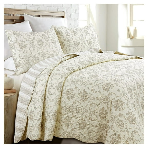 CodYinFI French Medallion 100% Cotton Bedding Quilt Set, Beige Ivory Rose Flower Reversible Coverlet Bedspread (Cream Eggnog, King - 3 Piece)