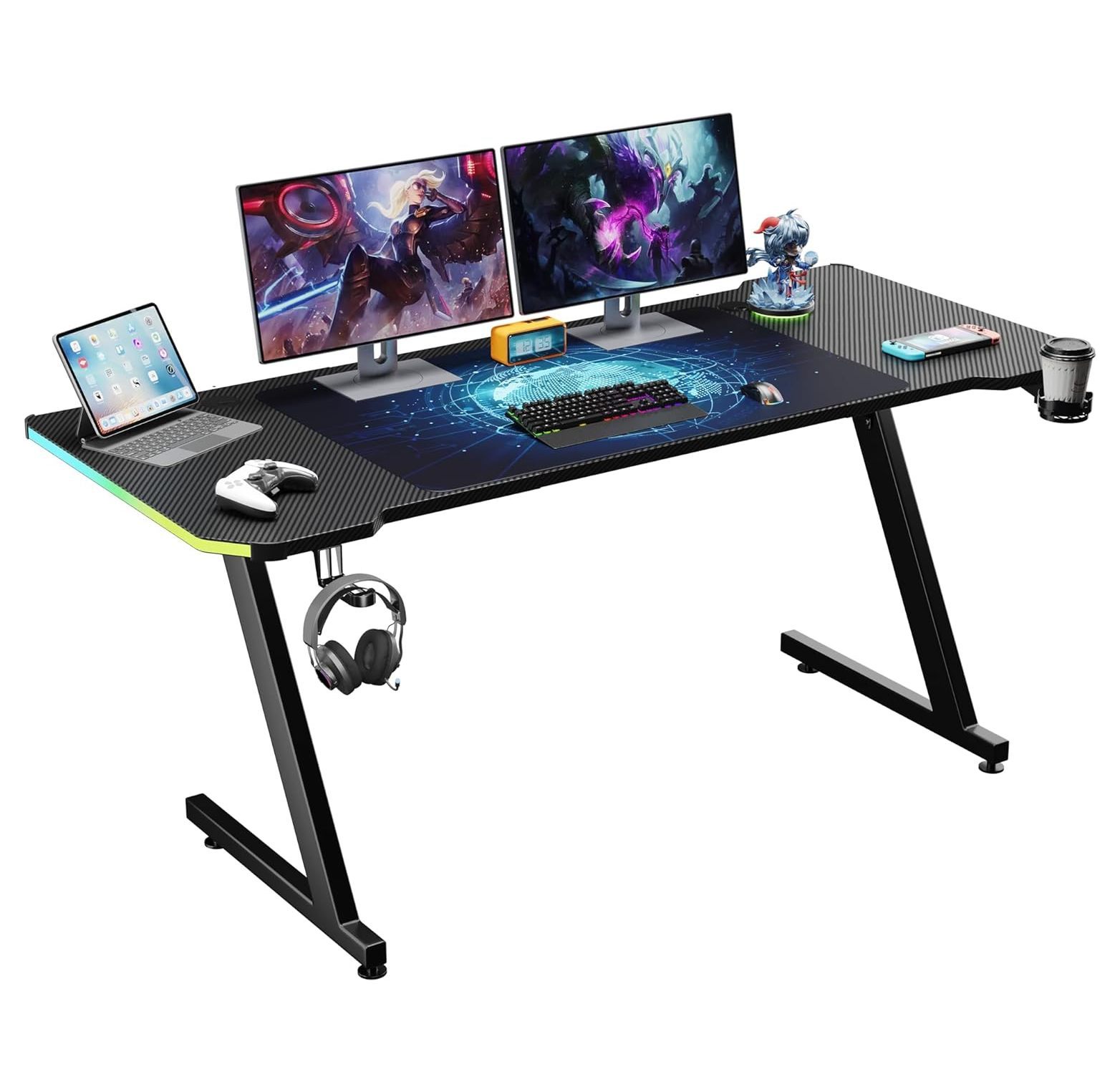 CodYinFI Gaming Desk with LED Lights, 63 inch Z Shaped Computer Desk