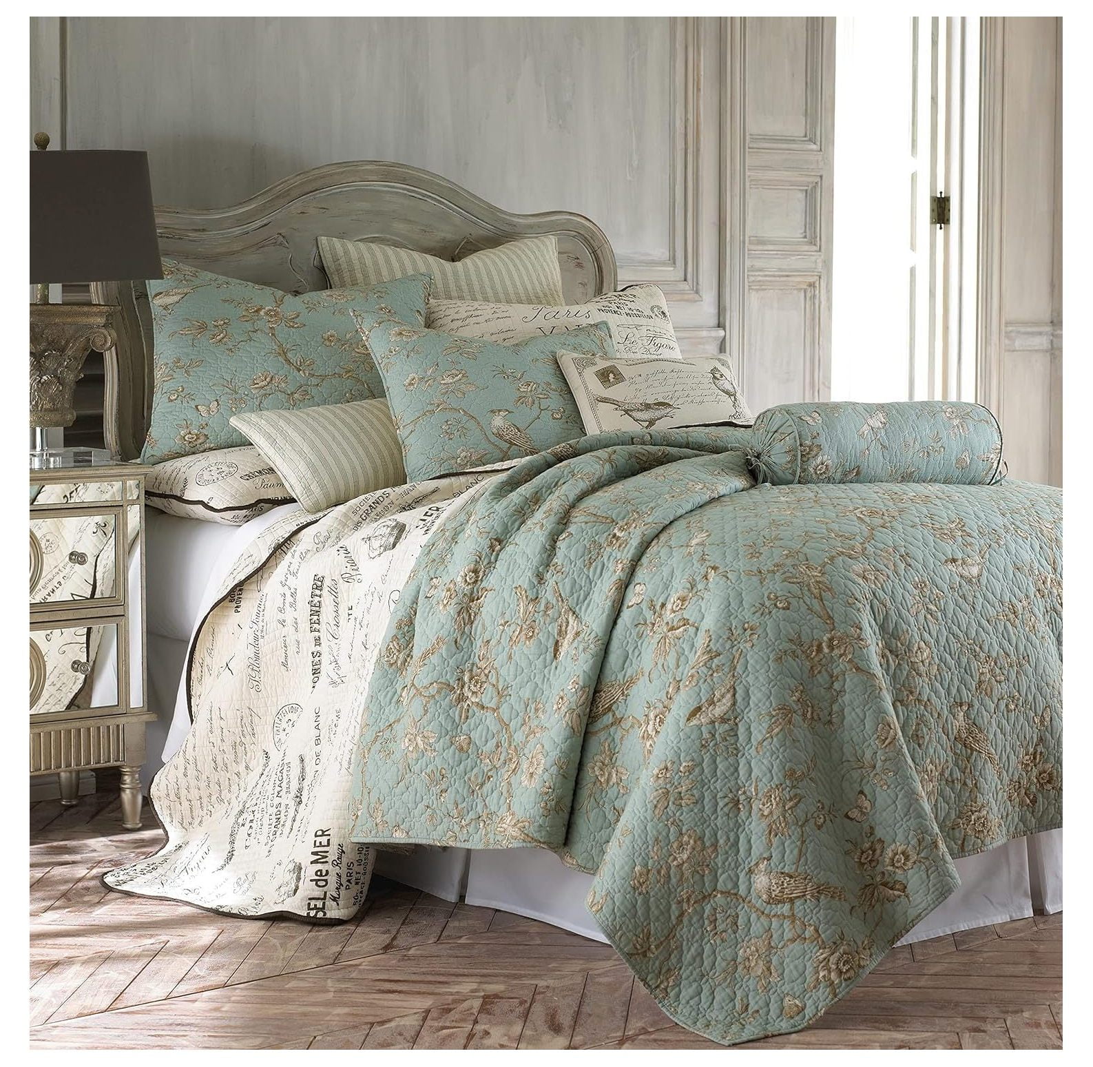 Teal and Cream Cotton Reversible King Quilt Set