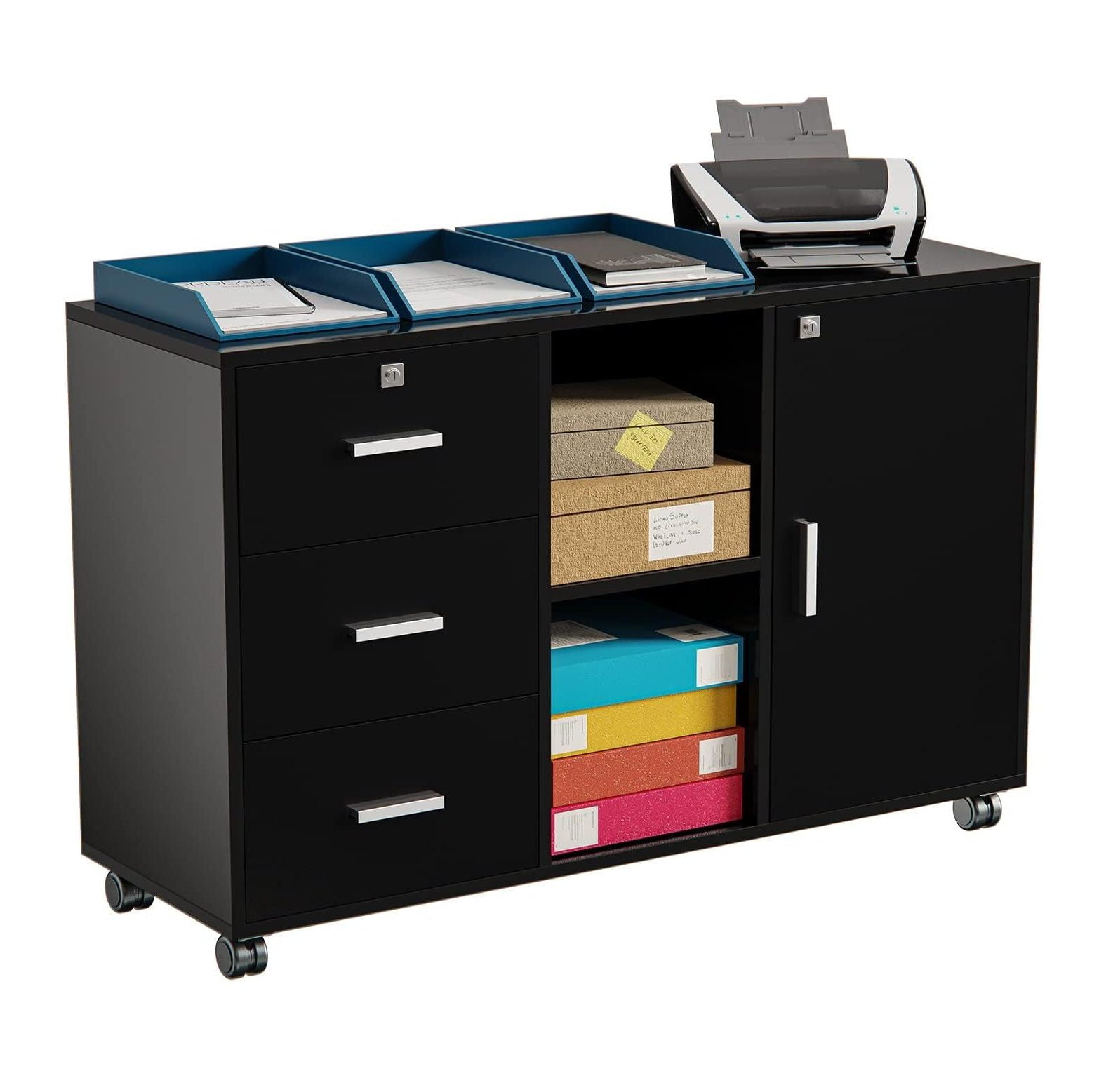 CodYinFI Mobile Lateral Filing Wood File with Lock Office Storage