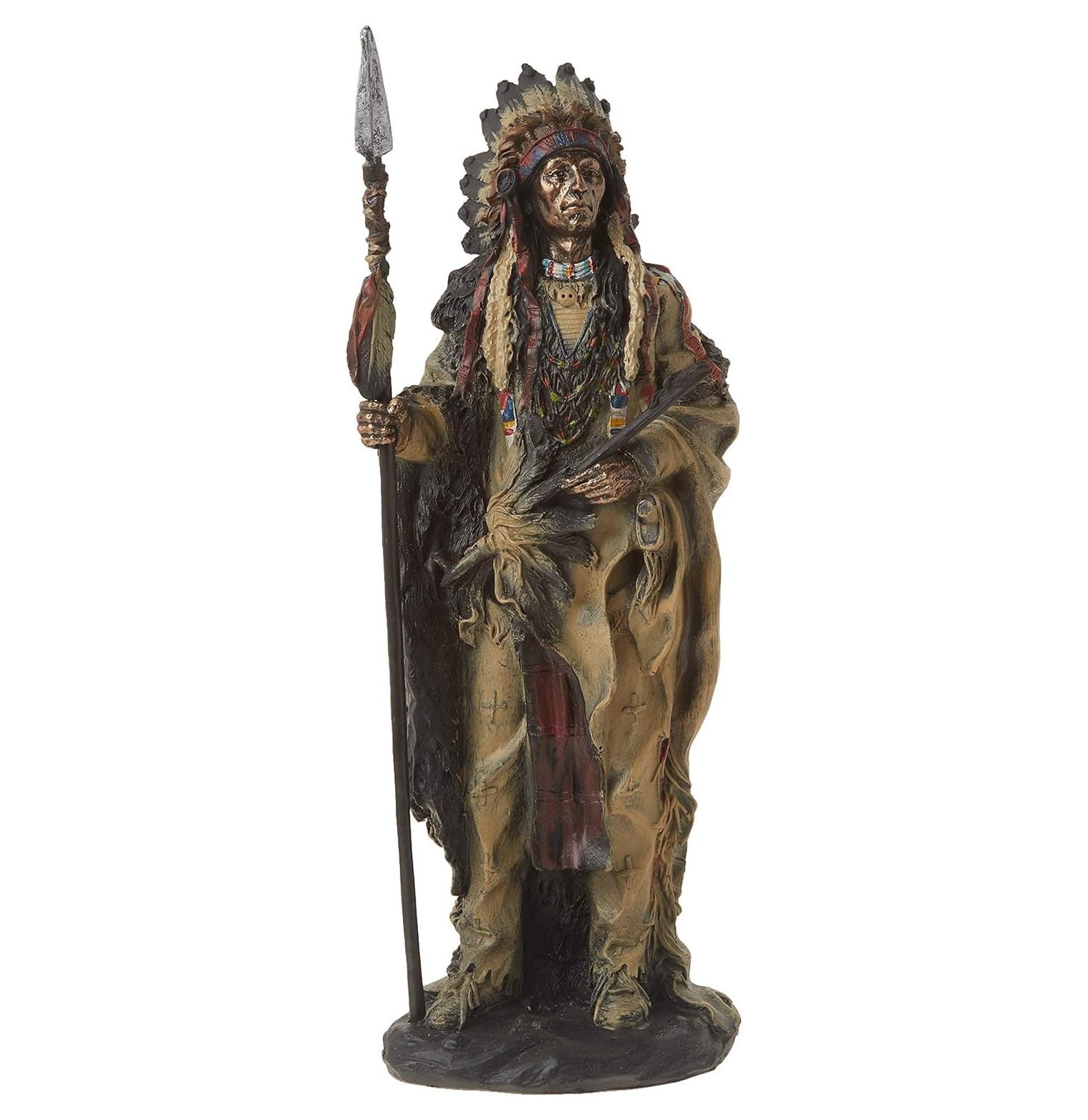 Native American Warrior Statue - Hand-Painted Polyresin Collectible Figurine, 14 Inches Tall, Home Decor & Indian-Themed Gift