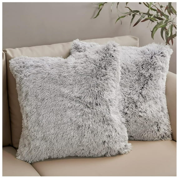 CodYinFI Set of 2 Shaggy Long Hair Throw Pillows - Super Soft and Plush Faux Fur Accent Pillows - 18 x 18 inches, Gray Ombre