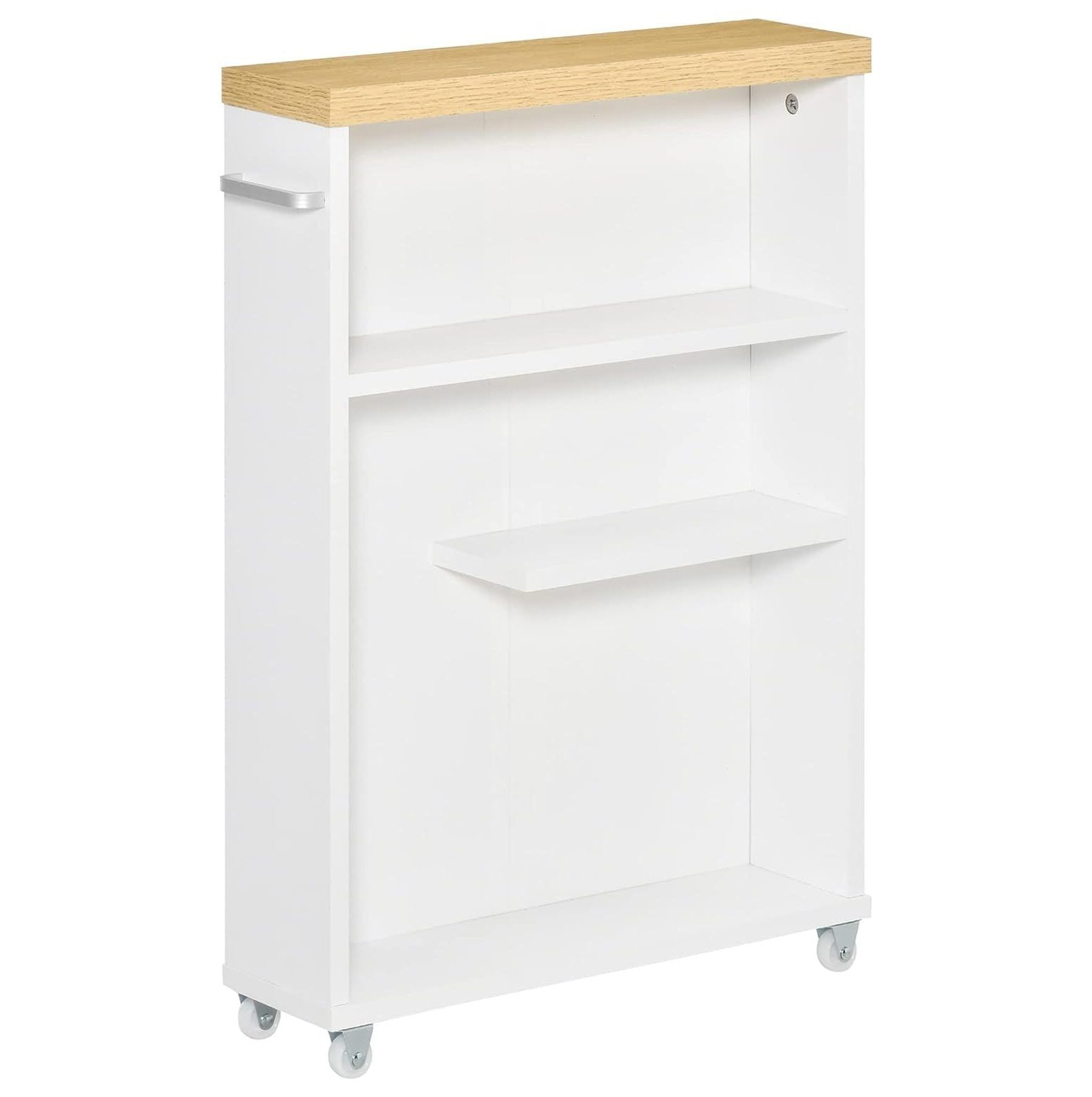 Slim White Bathroom Cabinet with Wood Shelves and Wheels