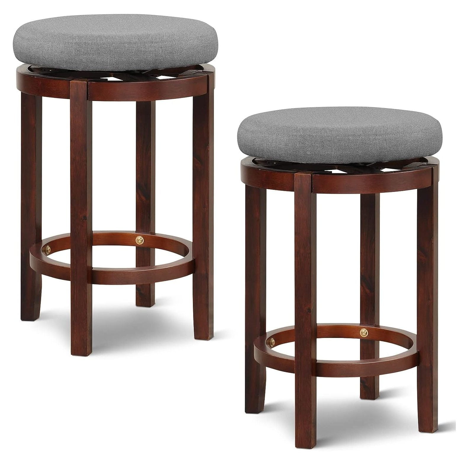 Gray Upholstered Swivel Backless Wooden Bar Stools, Set of 2