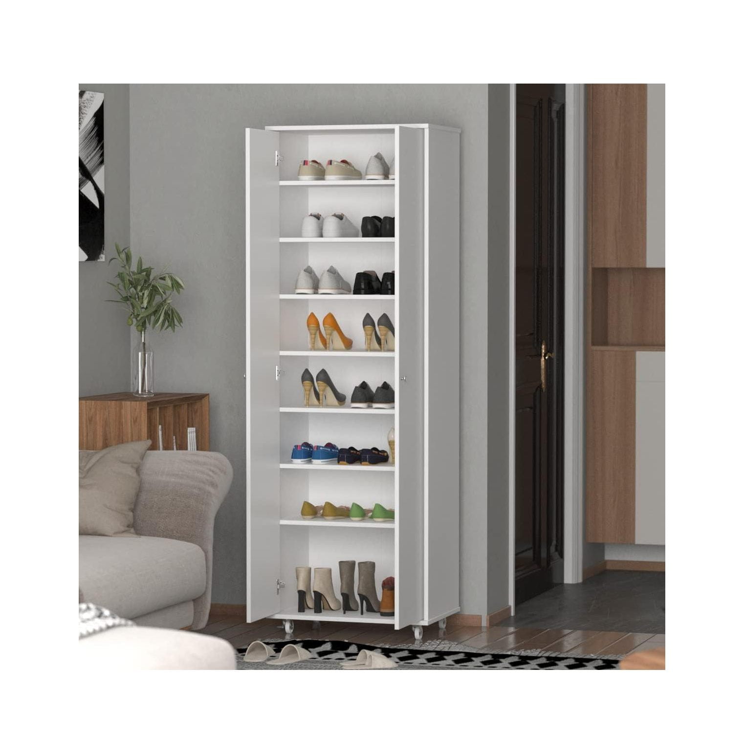 CodYinFI Tall Shoe Rack with Doors & Wheels, Entryway Shoe with 8Tier Shelf, Wood Shoe