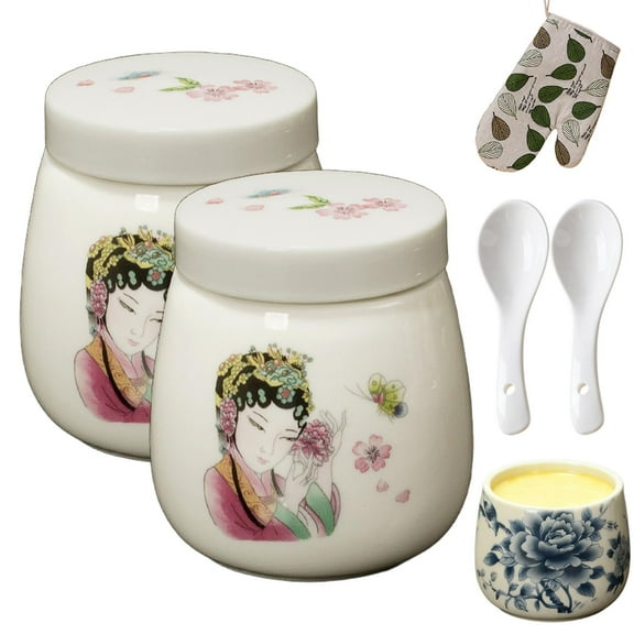 Coddled Egg Cups, Egg Coddlers Sets with Lids, Vintage Ceramic Soft Boiled Egg Cooker, 220ml Porcelain Tableware Breakfast Serving, Retro Table Treasure Chawanmushi Steamed Eggs Dish (2Pcs/B)