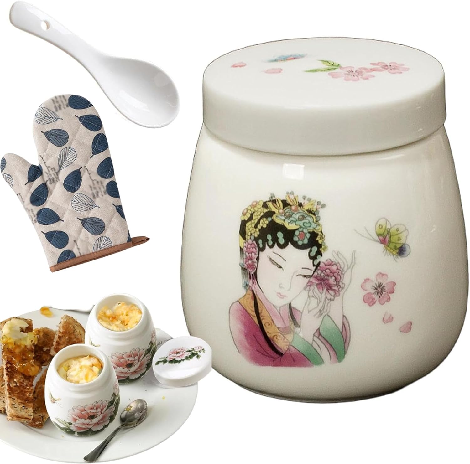 Coddled Egg Cups, Egg Coddlers Sets with Lids, Vintage Ceramic Soft Boiled Egg Cooker, 220ml Porcelain Tableware Breakfast Serving, Single or Double Egg Cooking with a Twistable Ceramic Lid (H, 1Pcs)