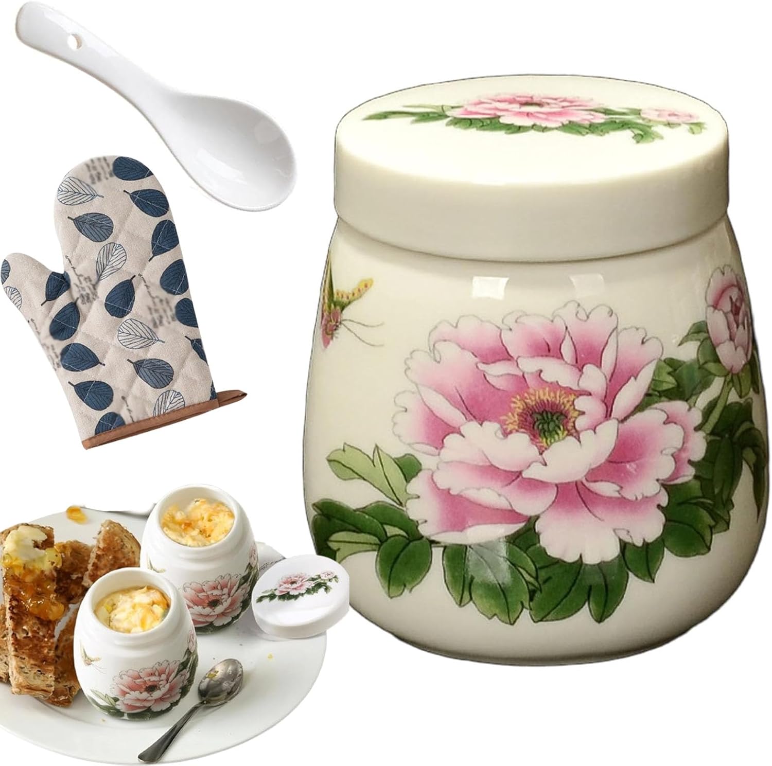 Coddled Egg Cups, Egg Coddlers Sets with Lids, Vintage Ceramic Soft Boiled Egg Cooker, 220ml Porcelain Tableware Breakfast Serving, Single or Double Egg Cooking with a Twistable Ceramic Lid (D, 1Pcs)