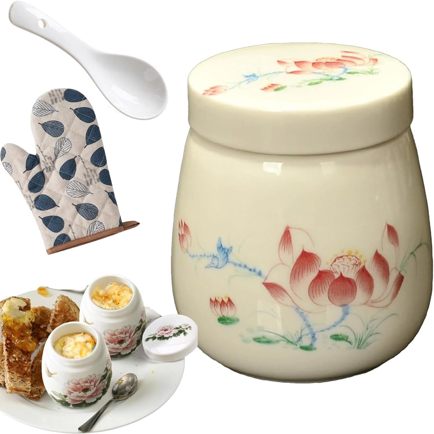 Coddled Egg Cups, Egg Coddlers Sets with Lids, Vintage Ceramic Soft Boiled Egg Cooker, 220ml Porcelain Tableware Breakfast Serving, Single or Double Egg Cooking with a Twistable Ceramic Lid (C, 1Pcs)