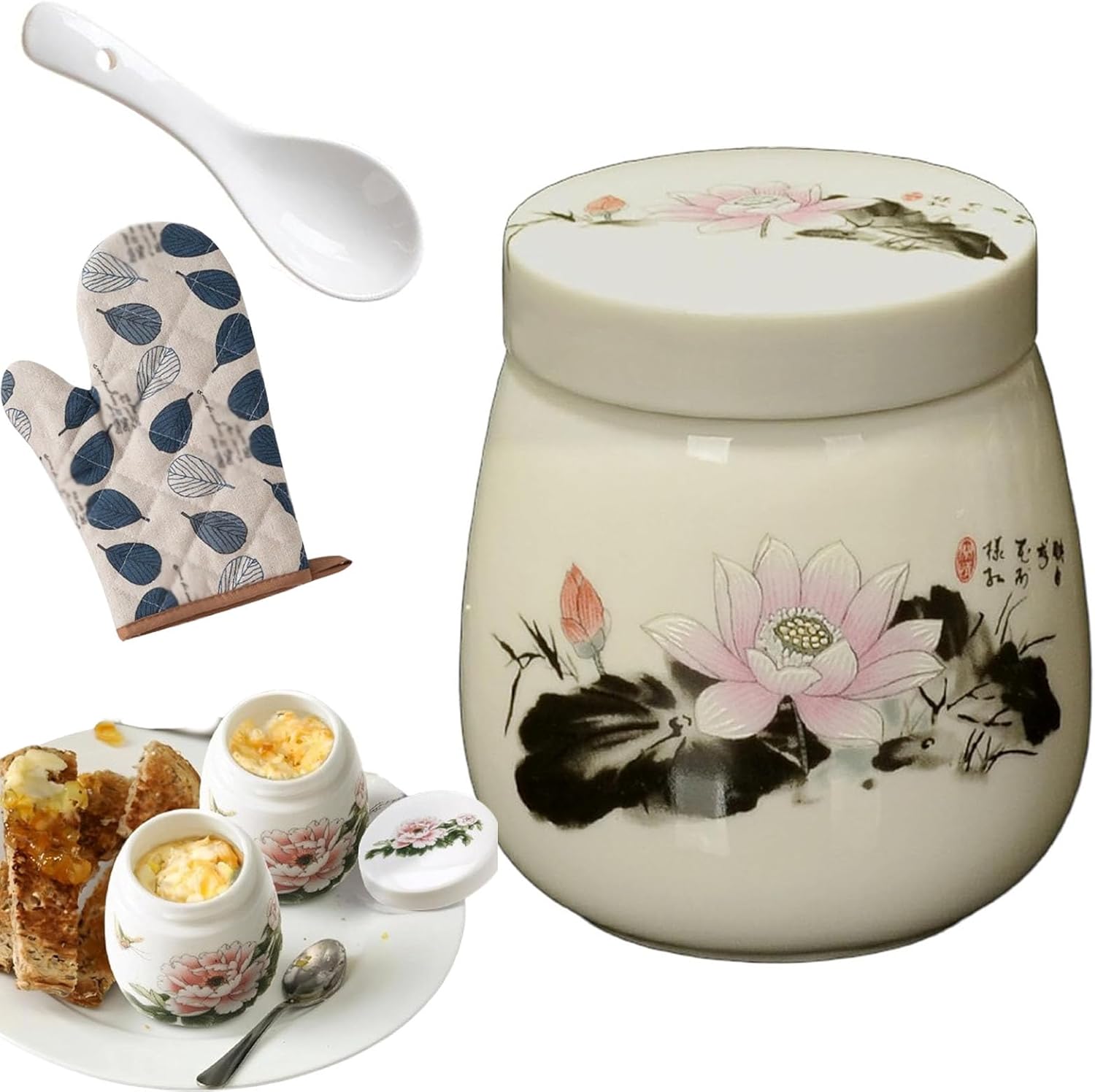 Coddled Egg Cups, Egg Coddlers Sets with Lids, Vintage Ceramic Soft Boiled Egg Cooker, 220ml Porcelain Tableware Breakfast Serving, Single or Double Egg Cooking with a Twistable Ceramic Lid (B, 1Pcs)