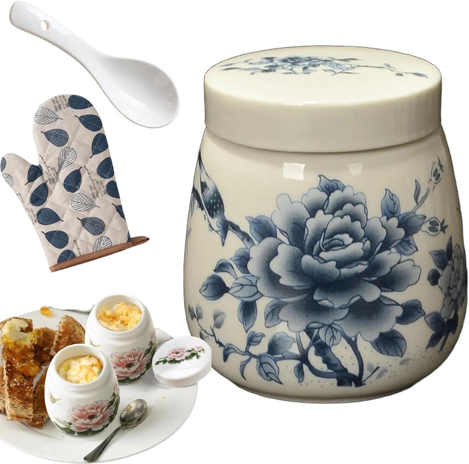 Coddled Egg Cups, Egg Coddlers Sets with Lids, Vintage Ceramic Soft Boiled Egg Cooker, 220ml Porcelain Tableware Breakfast Serving, Single or Double Egg Cooking with a Twistable Ceramic Lid (A, 1Pcs)