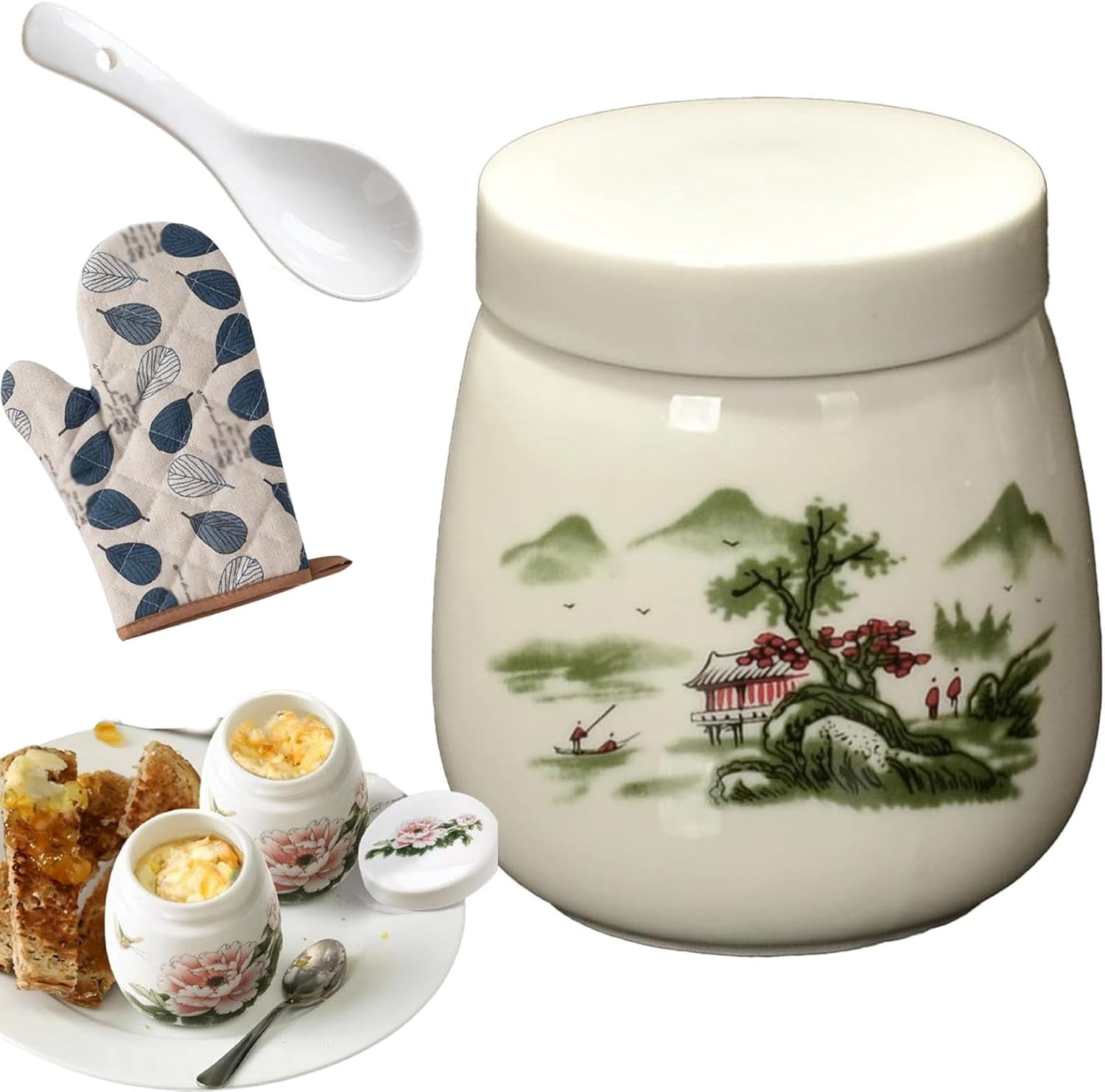 Coddled Egg Cups, Egg Coddlers Sets with Lids, Vintage Ceramic Soft Boiled Egg Cooker, 220ml Porcelain Tableware Breakfast Serving, Single or Double Egg Cooking with a Twistable Ceramic Lid (E, 1Pcs)