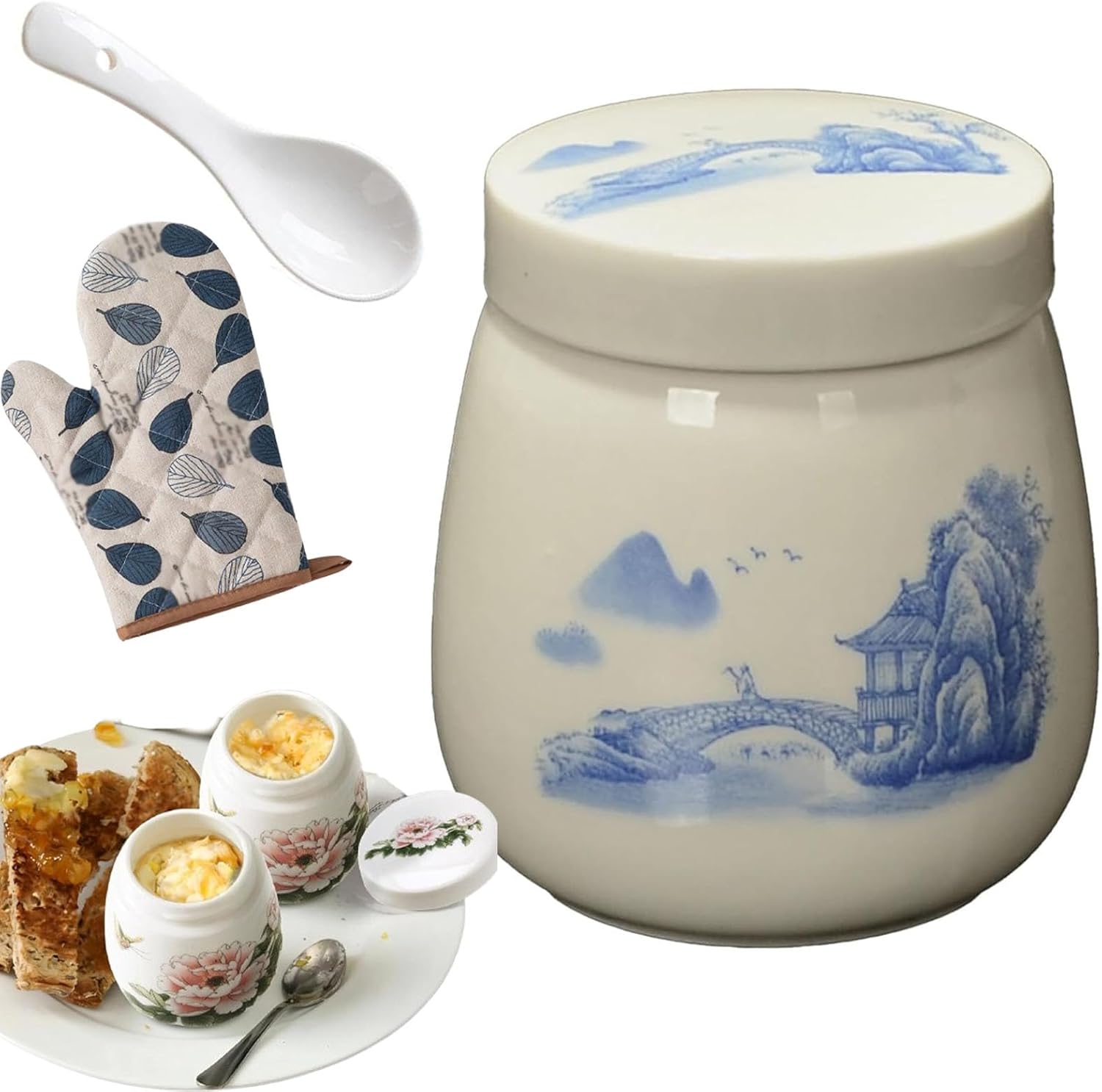 Coddled Egg Cups, Egg Coddlers Sets with Lids, Vintage Ceramic Soft Boiled Egg Cooker, 220ml Porcelain Tableware Breakfast Serving, Single or Double Egg Cooking with a Twistable Ceramic Lid (G, 1Pcs)