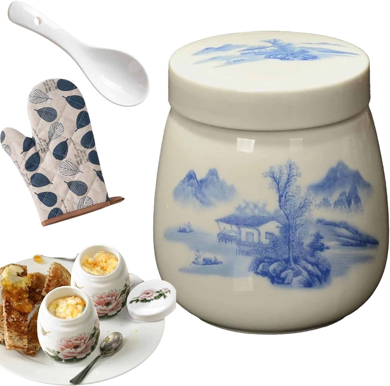 Coddled Egg Cups, Egg Coddlers Sets with Lids, Vintage Ceramic Soft Boiled Egg Cooker, 220ml Porcelain Tableware Breakfast Serving, Single or Double Egg Cooking with a Twistable Ceramic Lid (F, 1Pcs)