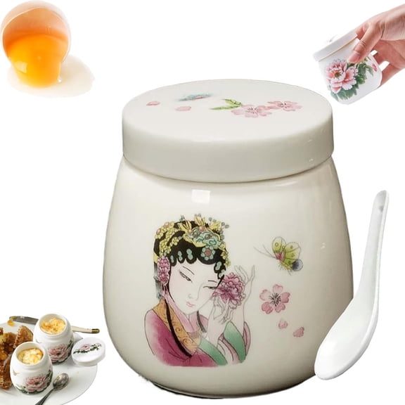 Coddled Egg Cups with Lids, 220ml Porcelain Egg Coddlers, Vintage Ceramic Soft Boiled Egg Cooker Set, Microwave Safe Egg Cups for Chawanmushi, Desserts & Breakfast