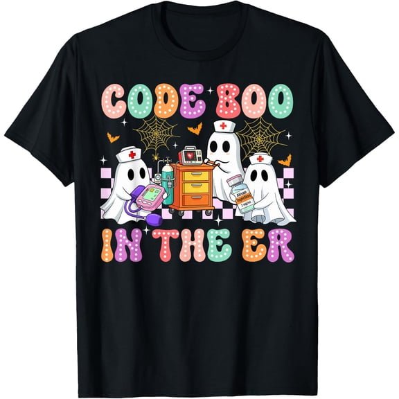 Code Boo In The Er Nurse Ghost Halloween Costume Nursing T-Shirt Size S-5XL
