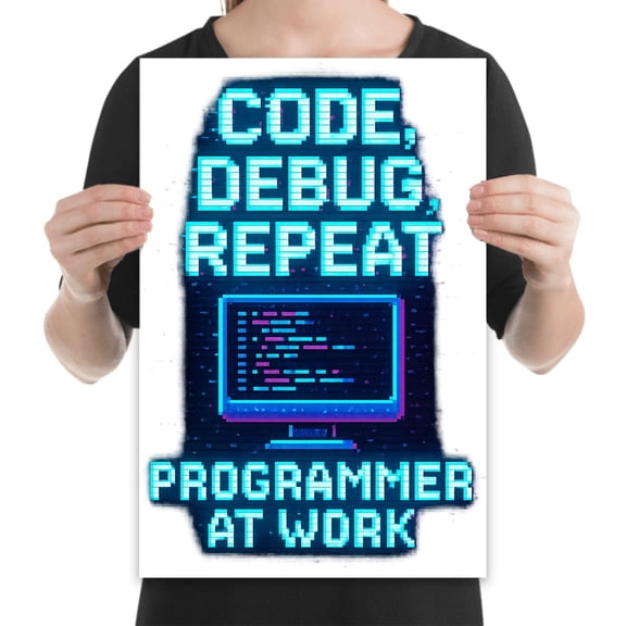 Code Debug Repeat, Glossy 13x19 Neon Retro Poster, For Programmers and Tech Office Walls