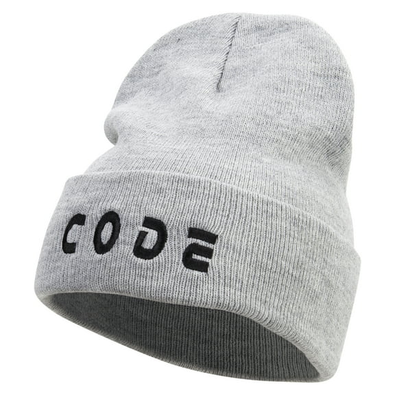Code Embroidered 12 Inch Long Knitted Beanie - Heather Grey OSFM