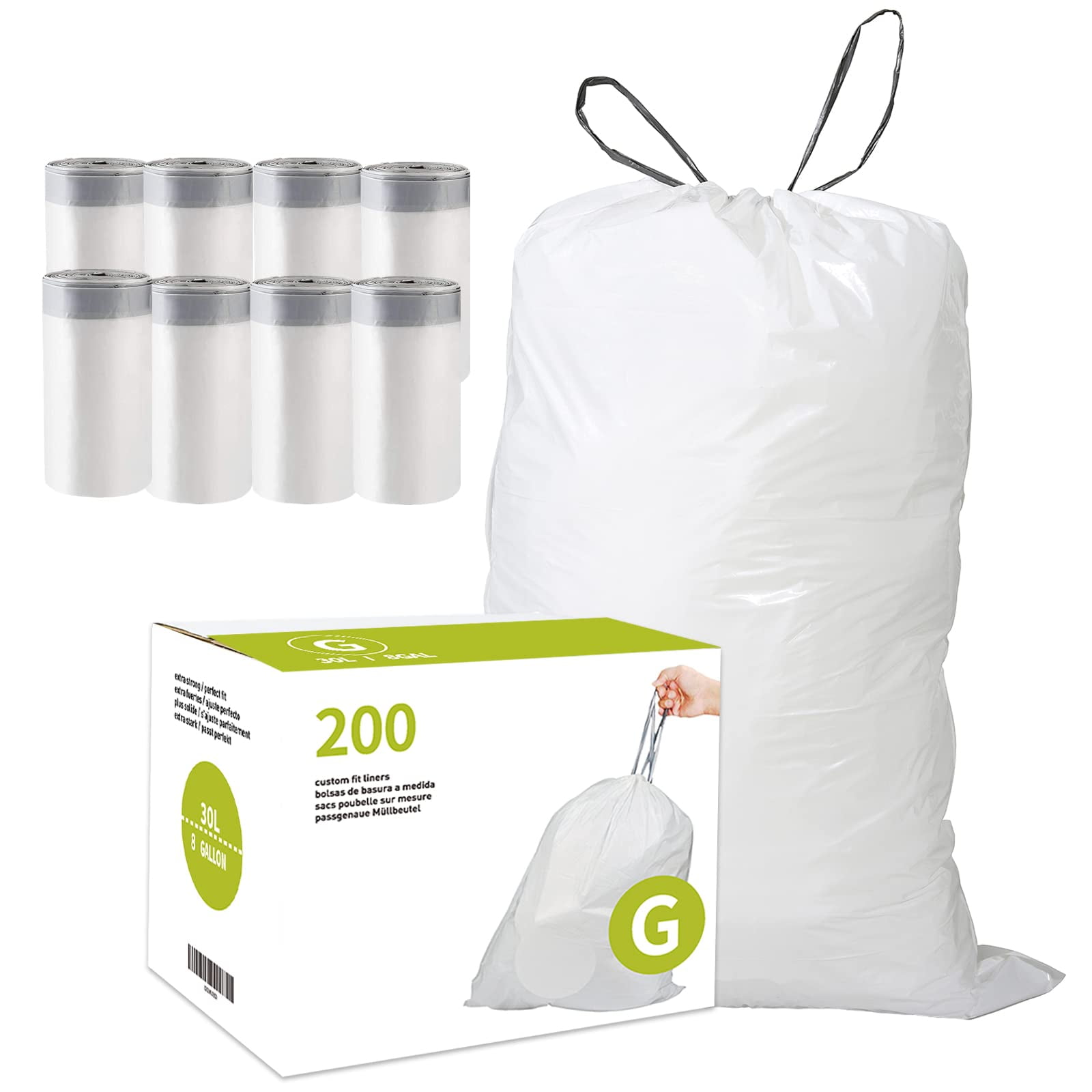 Code G (200 Count) AIF9 8 Gallon Heavy Duty Drawstring Plastic Trash Bags Compatible with simplehuman Code G | 1.2 Mil | White Drawstring Garbage Liners 8 Gallon/30 Liter