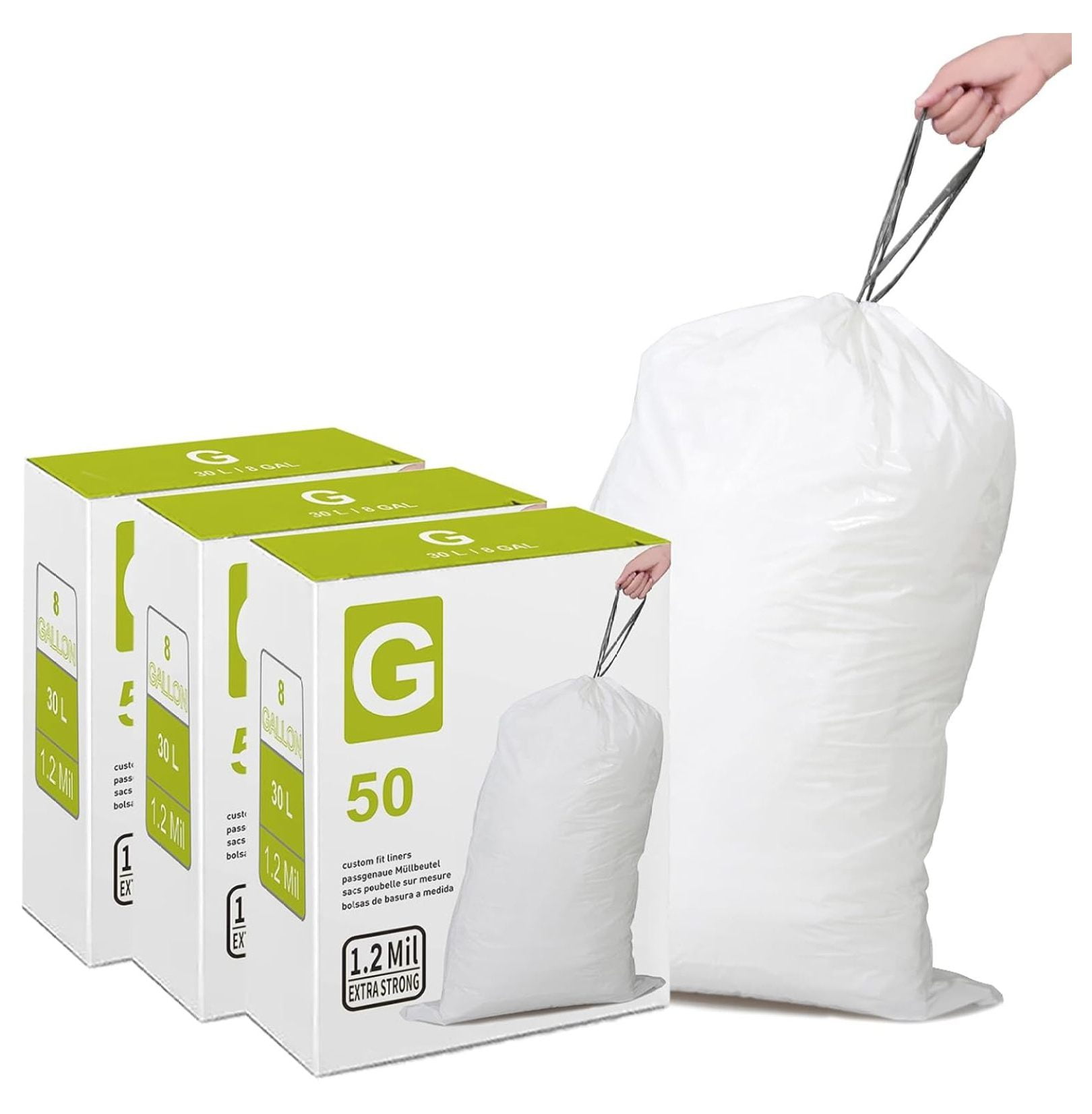 Code G 3 Packs (150 Count Total) 8 Gallon Heavy Duty Drawstring Plastic