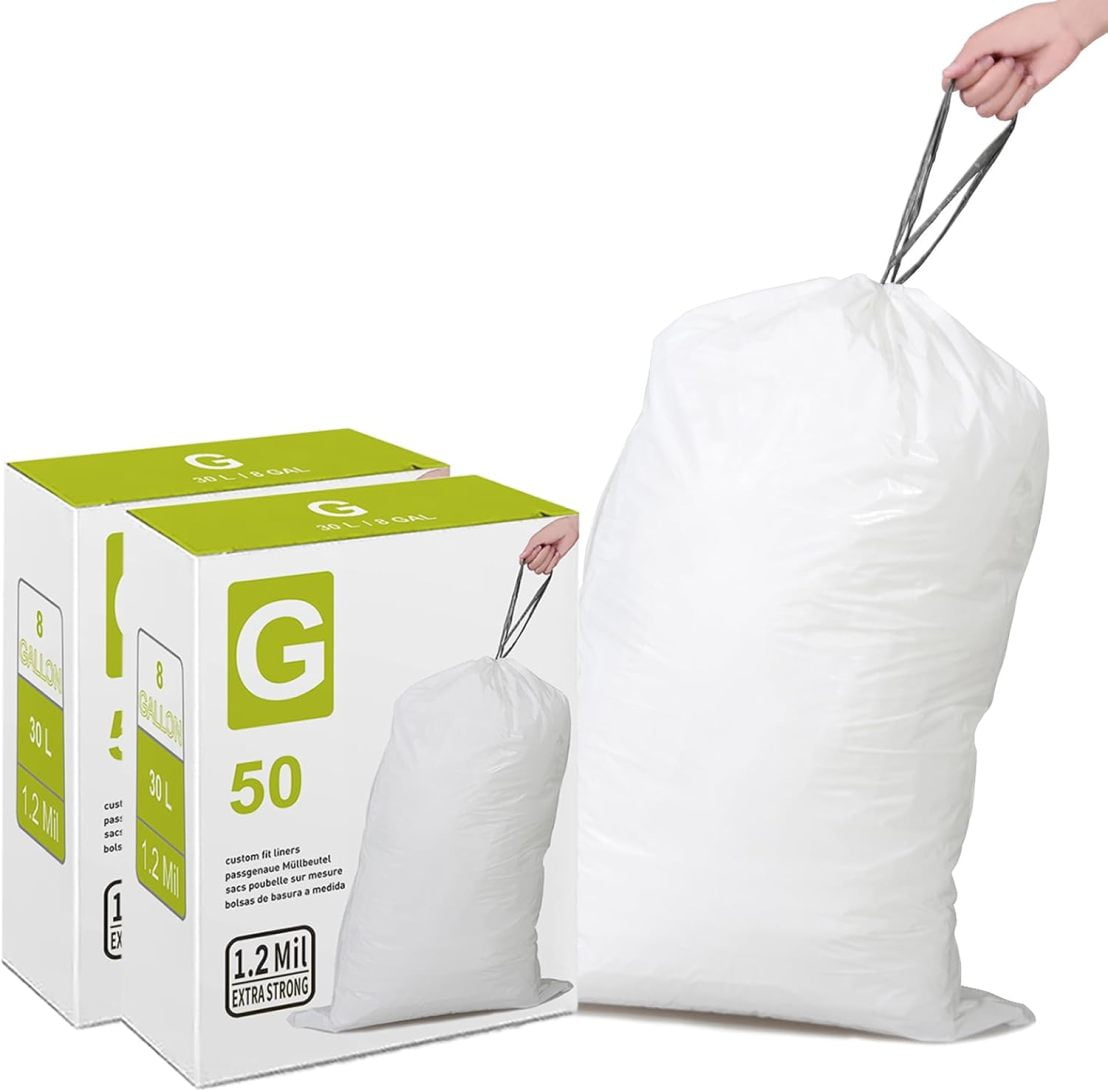 Code G 8 Gallon 2 Packs (100 Count Total) Heavy Duty 1.2 Mil THICK Plastic Trash Bags with Reinforced Drawstring Compatible with simpleman Code G White Garbage Can Liners Leak-Proof & Tear Resistant