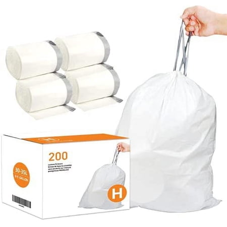 Code H (200 Count) Heavy Duty Drawstring Plastic Trash Bags 8-9 Gallon Compatible with simplehuman Code H | White Drawstring Garbage Liners 8-9 Gallon | 30-35 Liter