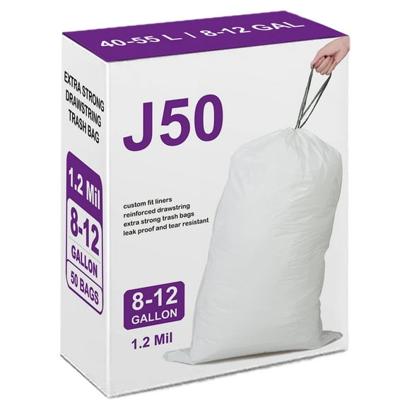 Code J (50 Count) 10-10.5 Gallon Heavy Duty Drawstring Plastic Trash Bags Compatible with Code J | 1.2 Mil | White | 10-10.5 Gallon/38-40 Liter