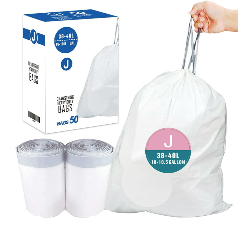 Code J (50 Count) 10-10.5 Gallon Heavy Duty Drawstring Plastic Trash Bags  Compatible with Code J | 1.2 Mil | White | 10-10.5 Gallon/38-40 Liter