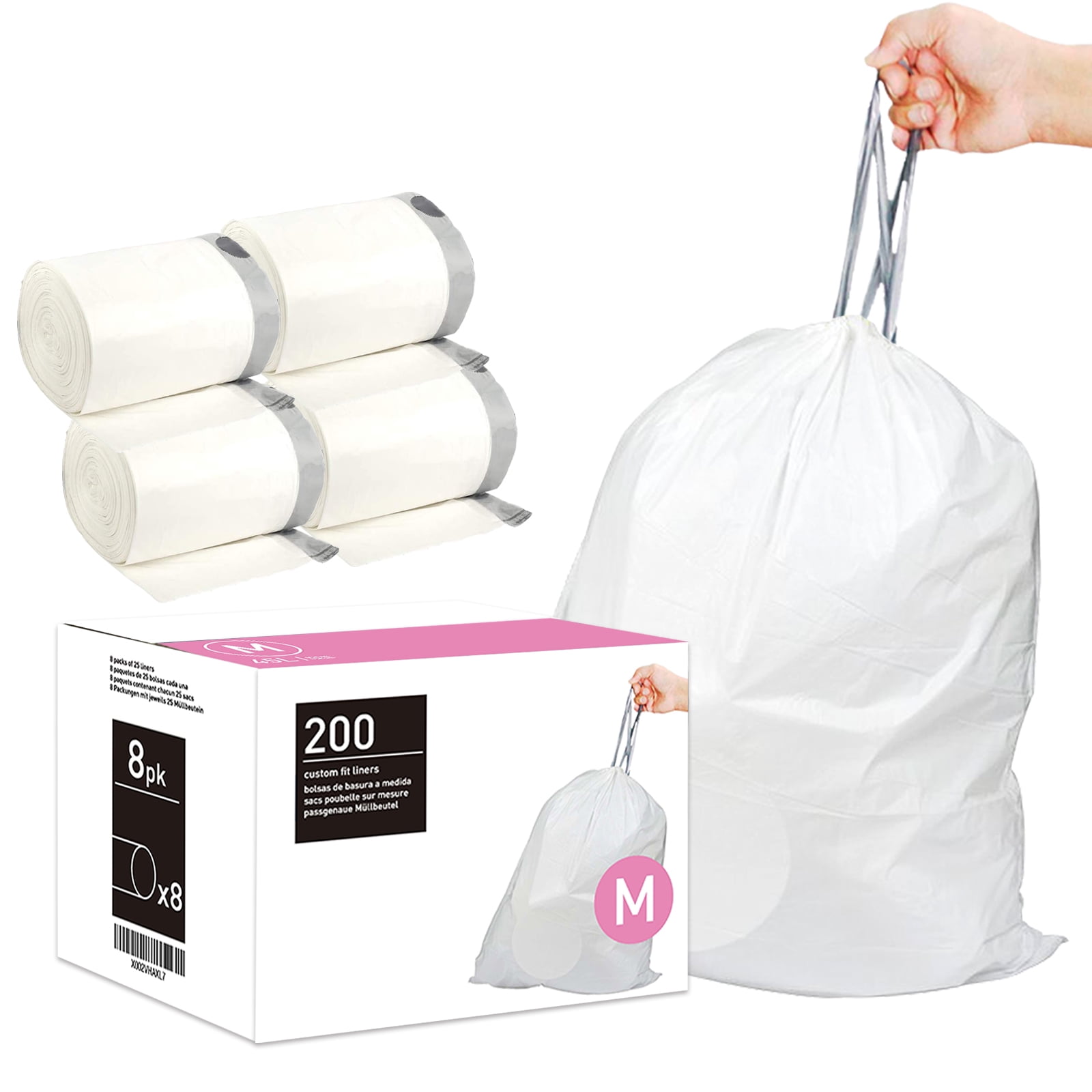 simplehuman Code M Custom Fit Drawstring Trash Bags in Dispenser Packs, 45 Liter / 12 Gallon, White 100 Liners