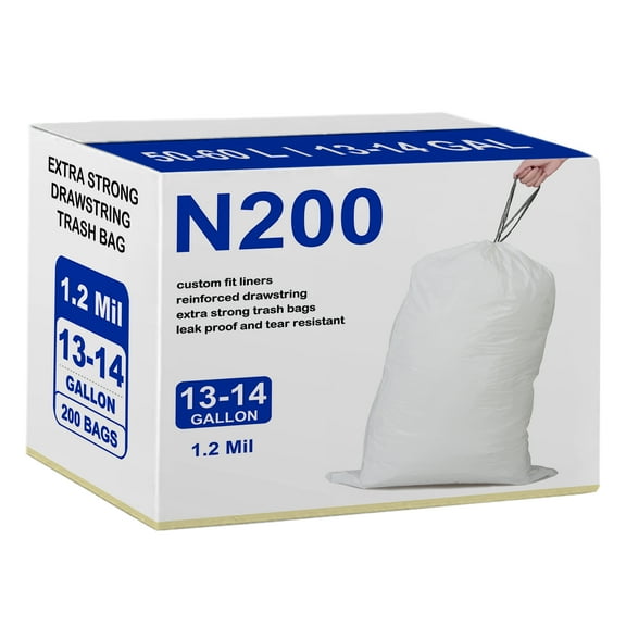 Code N (200 Count) 12-13 Gallon Heavy Duty Drawstring Plastic Trash Bags Compatible with Code N | White Drawstring Garbage Liners 12-13 Gallon | 45-50 Liter