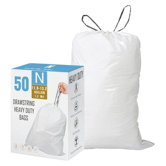 Code N (50 Count) 11.9-13.2 Gallon Heavy Duty Drawstring Plastic Trash Bags Compatible with Code N | 1.2 Mil | White Drawstring Garbage Liners 45-50 Liter