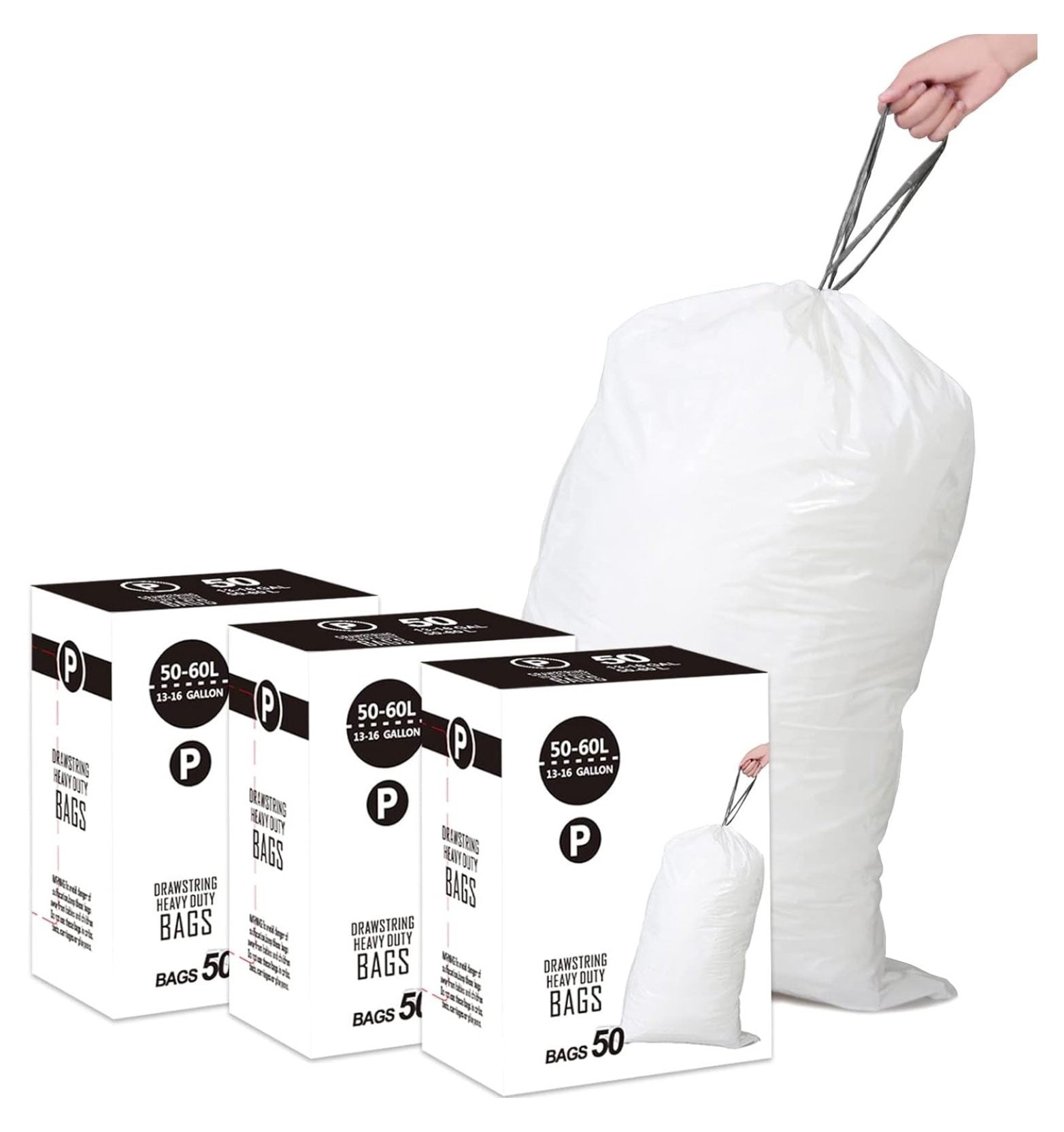 Code P 3 Packs(150 Count) 13-16 Gallon Heavy Duty Drawstring Plastic ...