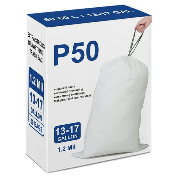 Code P (50 Count) 13-16 Gallon Heavy Duty Drawstring Plastic Trash Bags Compatible with Code P | White Drawstring Garbage Liners 13-16 Gallon | 50-60 Liter