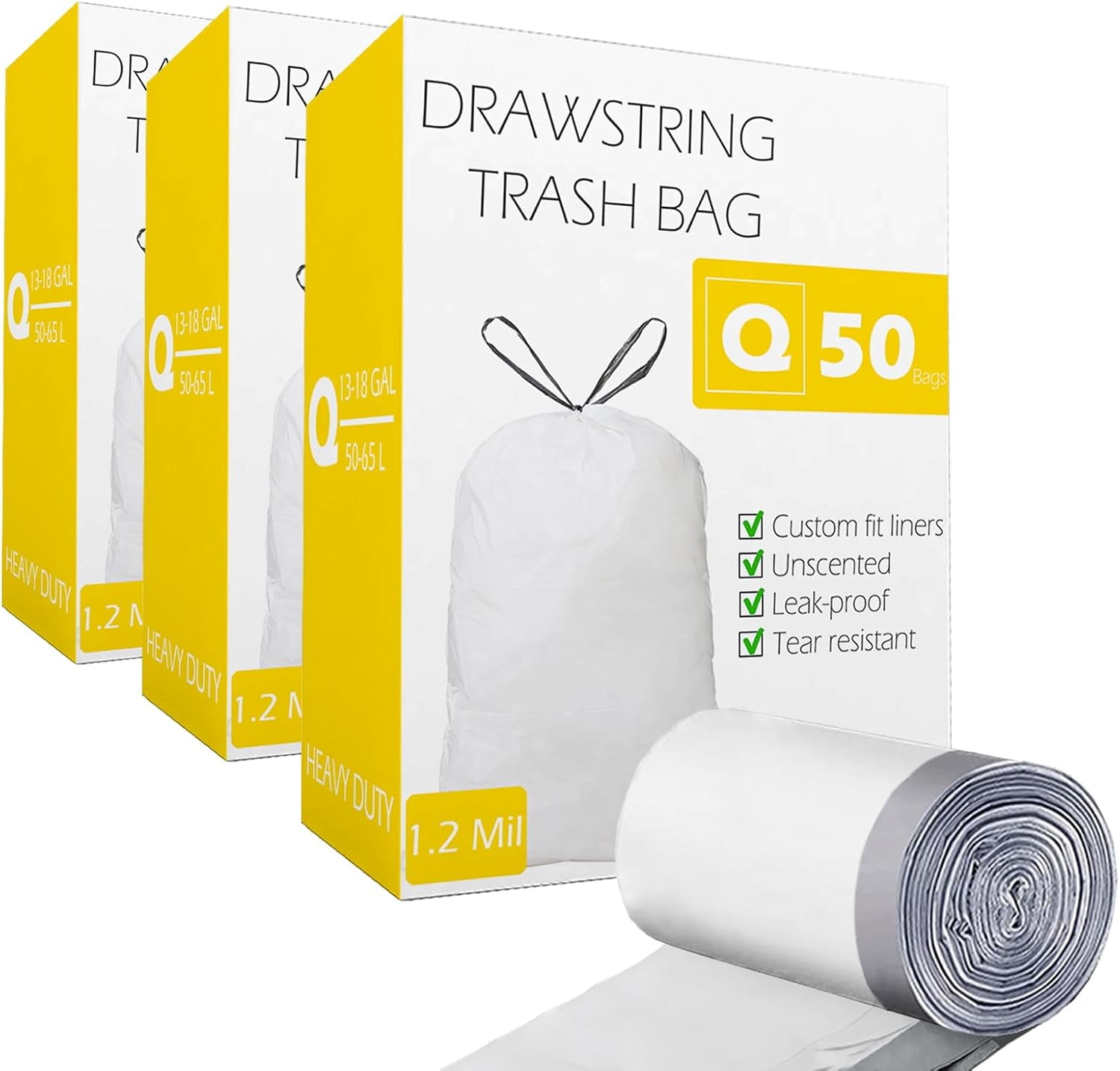 Code Q 3 Packs(150 Count Total) 13-17 Gallon Heavy Duty Drawstring ...