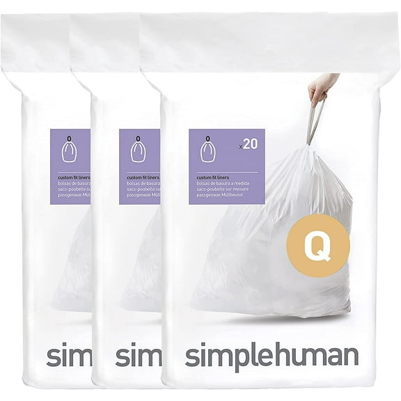 Code Q 60 Count, Dispenser Pack Custom Fit Liners, Drawstring , 50-65 Liter / 13.2-17.2 Gallon, White
