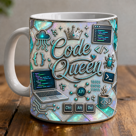 Code Queen Mug 3D Effect for Software Engineers, Programmer Coffee Cup Gift