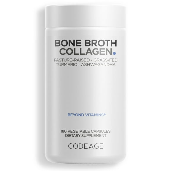 Codeage Bone Broth, Organic Bovine & Chicken Bone Broth, Grass-Fed Pasture-Raised Collagen Capsules, 180 ct
