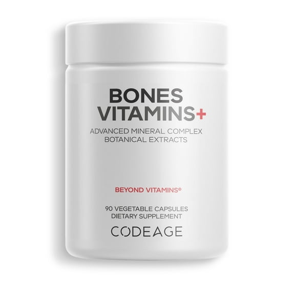 Codeage Bones Vitamins+ - Vitamin D3 & K2, Vitamin C, Calcium, Magnesium, Zinc, Hesperidin, L-Lysine, Manganese, Bamboo, Horsetail, Cissus, Boron, Trans-Resveratrol, Non-GMO Supplement - 90 Capsules