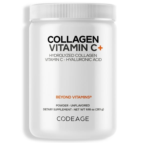 Codeage Collagen Peptides Powder, Type 1 & 3 Grass-Fed Bovine, Vitamin C, Enzymes, Hyaluronic Acid, 9.98 oz