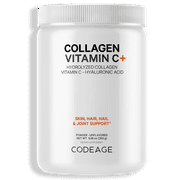 Codeage Collagen Peptides Powder, Type 1 & 3 Grass-Fed Bovine, Vitamin C, Enzymes, Hyaluronic Acid, 9.98 oz