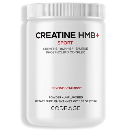 Codeage Creatine HMB+ Powder - Creatine Monohydrate, Taurine, myHMB Supplement, Vitamin D3 - Sports Support Supplement - Liposomal Delivery - Non-GMO, Unflavored - 11.32 oz