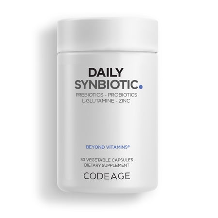 Codeage Daily Synbiotic Supplement - Prebiotics, Lactobacillus & Bifidobacterium Probiotics, L-Glutamine, Zinc L-Carnosine, DGL, Synbiotic Probiotic, BioPerine - Shelf-Stable - 30 Capsules