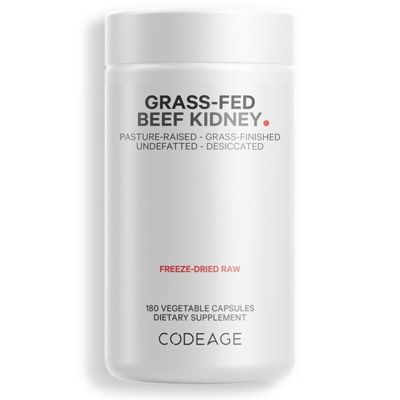Codeage Grass-Fed Beef Kidney, Grass-Finished, Pasture-Raised, Non-Defatted Glandular Supplement, 180 Ct
